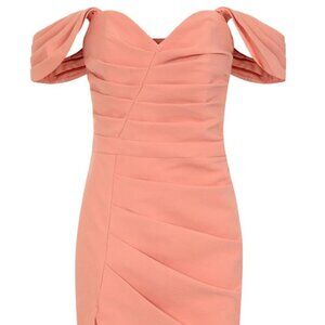 HAILEY Pleated Bardot Midi Dress In Coral